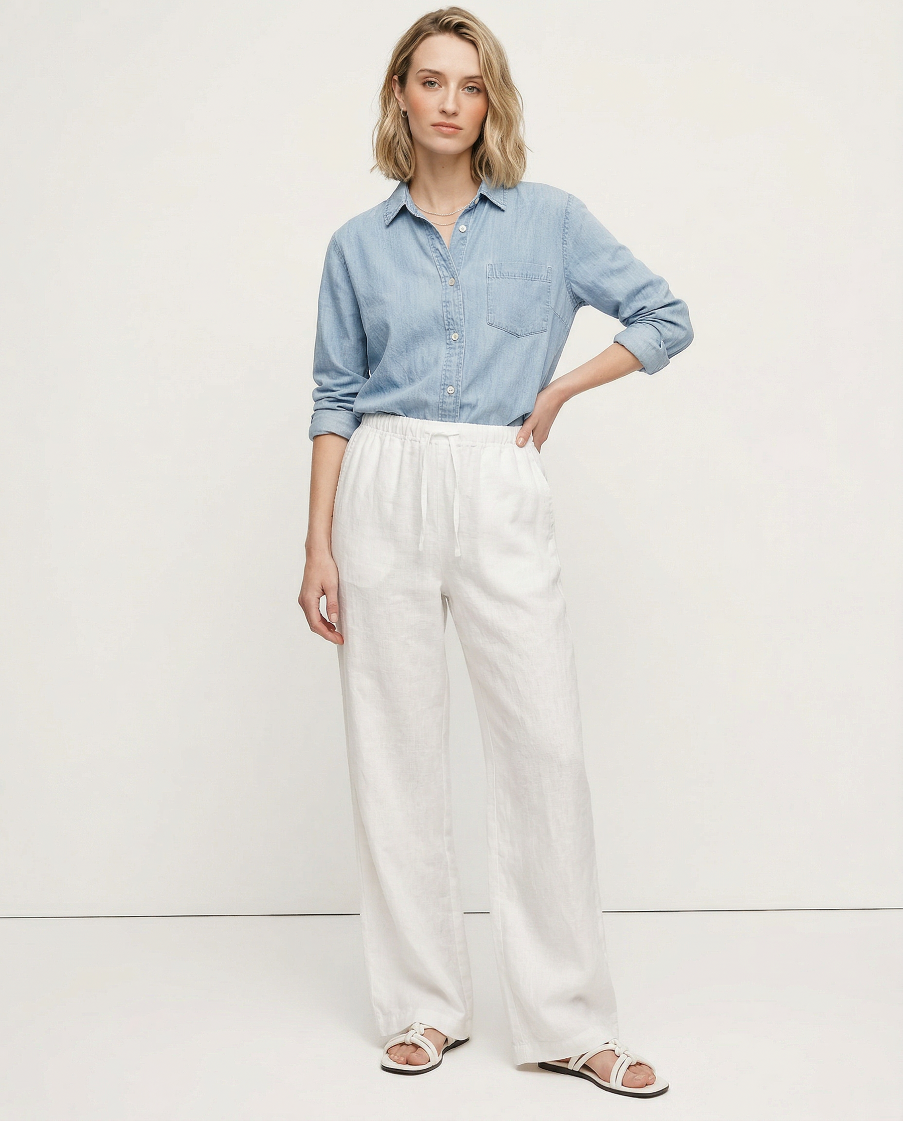 Knit wide-leg drawstring trousers for women, loose pull-on style, showcasing comfortable fabric and relaxed fit.