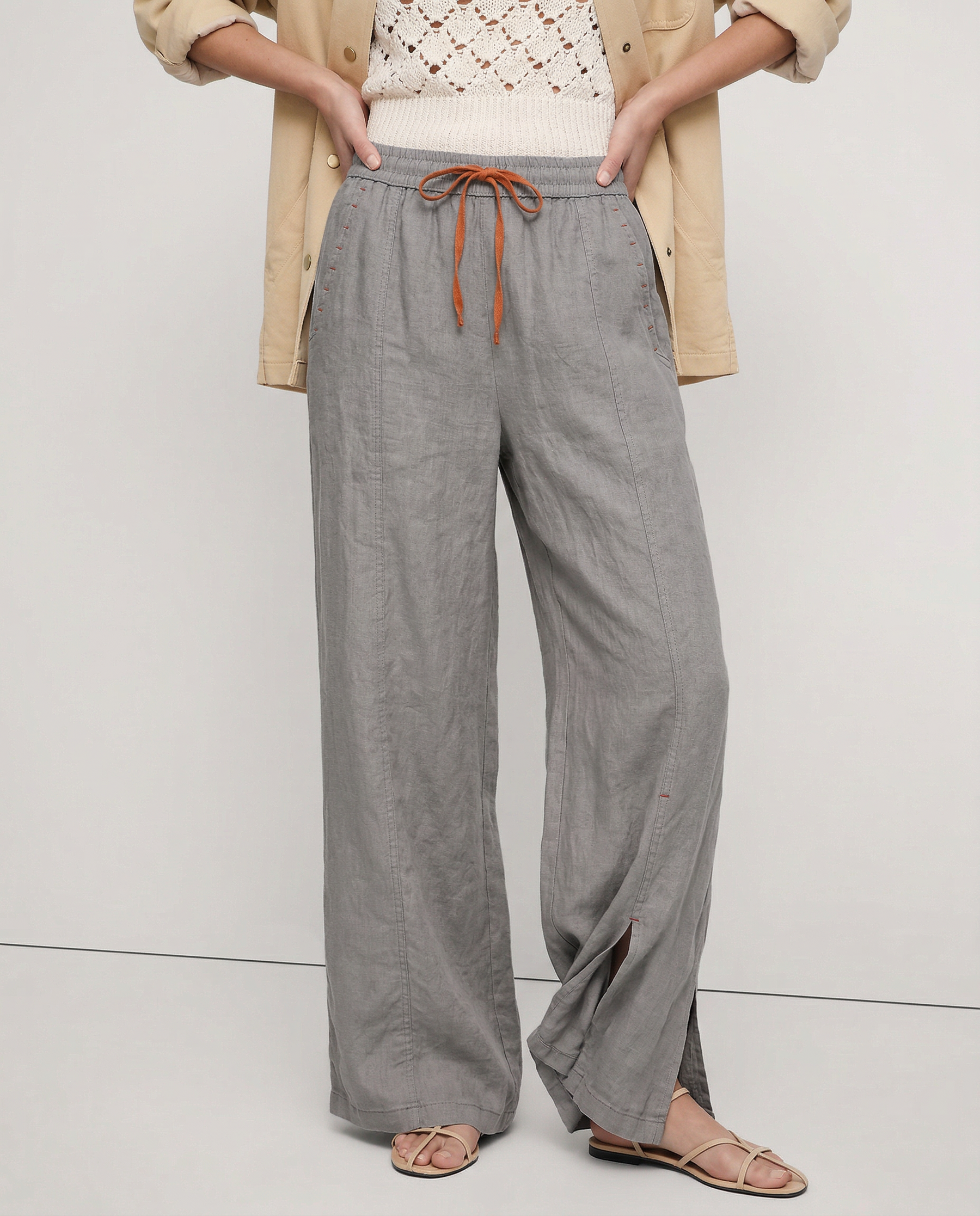 Women's linen wide-leg drawstring trousers by My Store, featuring loose fit and breathable fabric, shown with a relaxed fit.