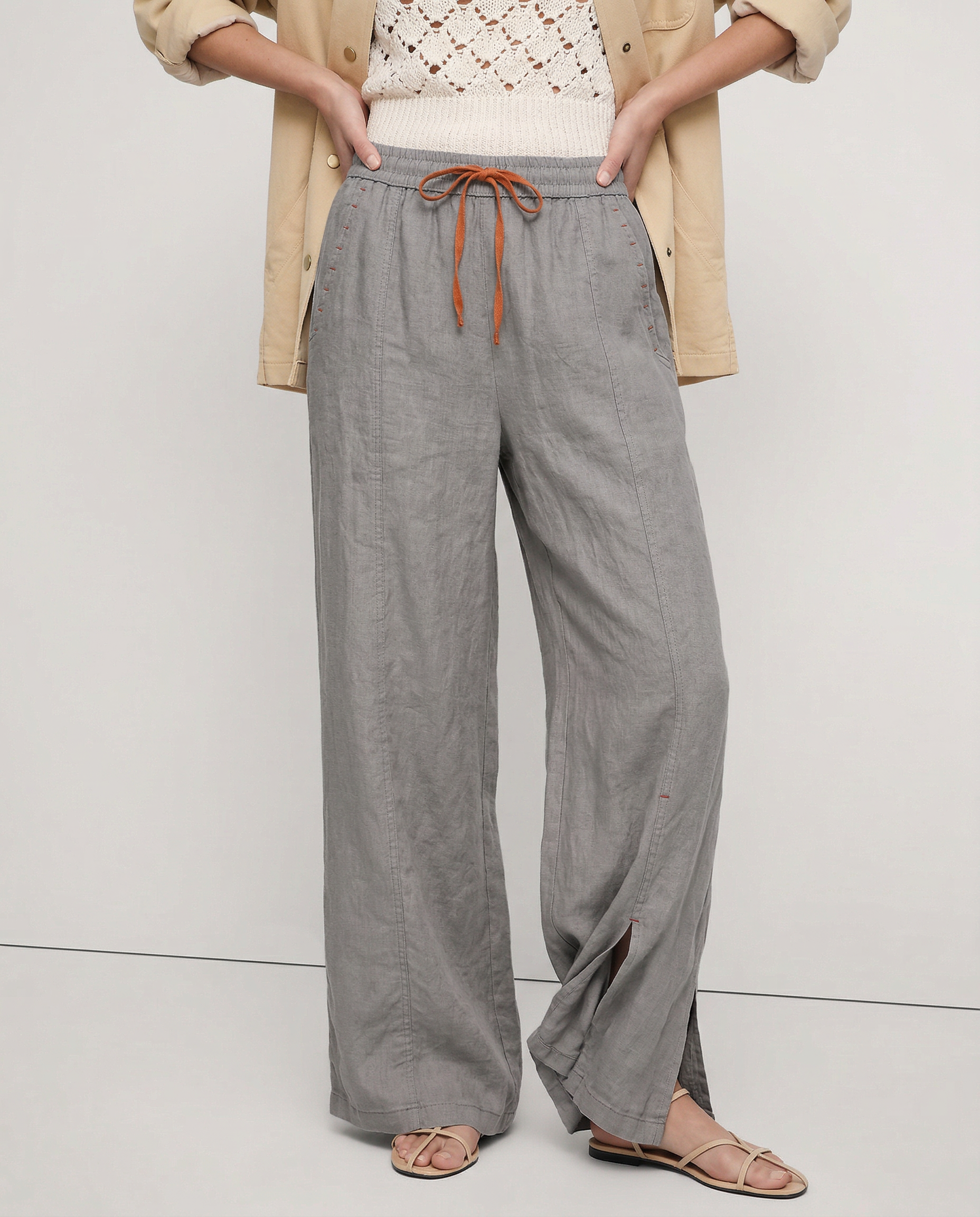 Women's linen wide-leg drawstring trousers by My Store, featuring loose fit and breathable fabric, shown with a relaxed fit.