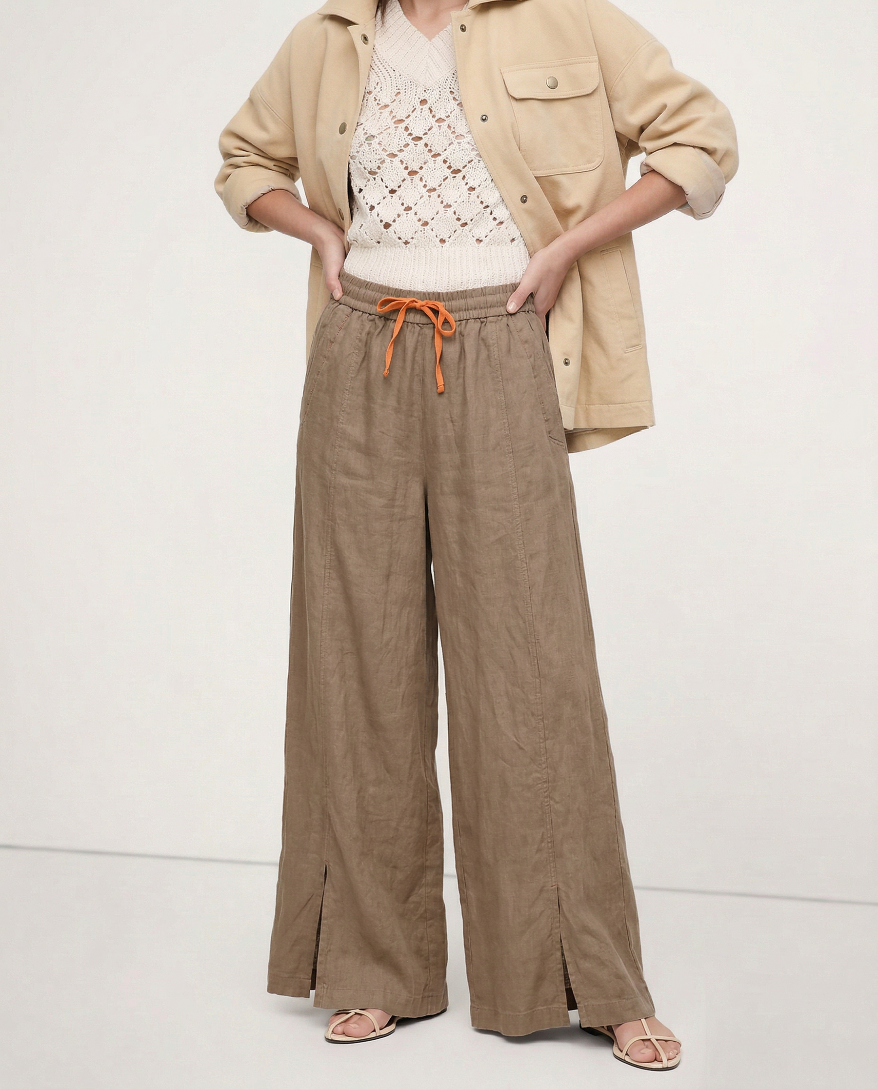 Women's linen wide-leg drawstring trousers from My Store, featuring a loose fit and comfortable pull-on style with soft fabric.