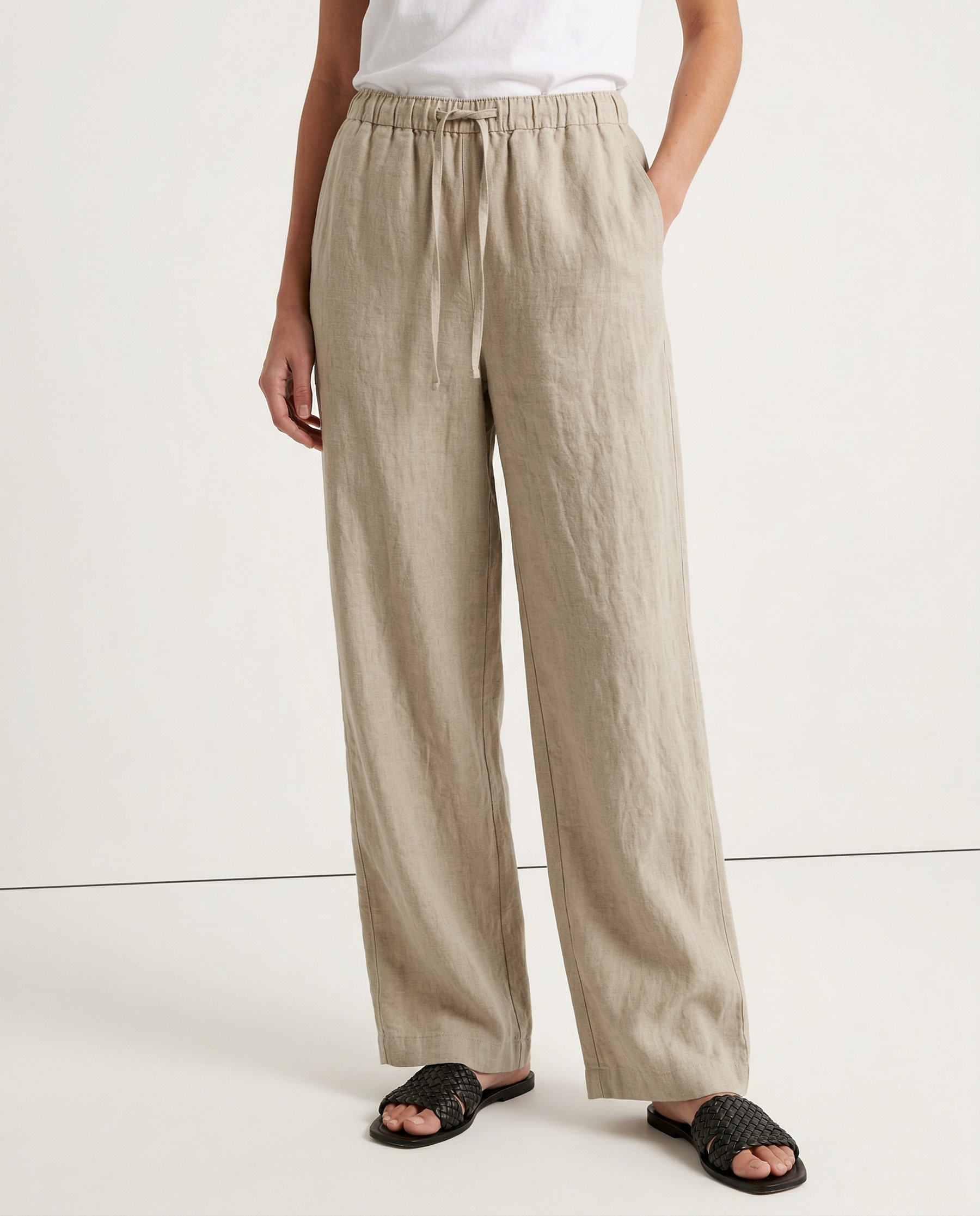Women’s knit wide-leg drawstring trousers showing soft fabric, relaxed fit, and comfortable pull-on style.
