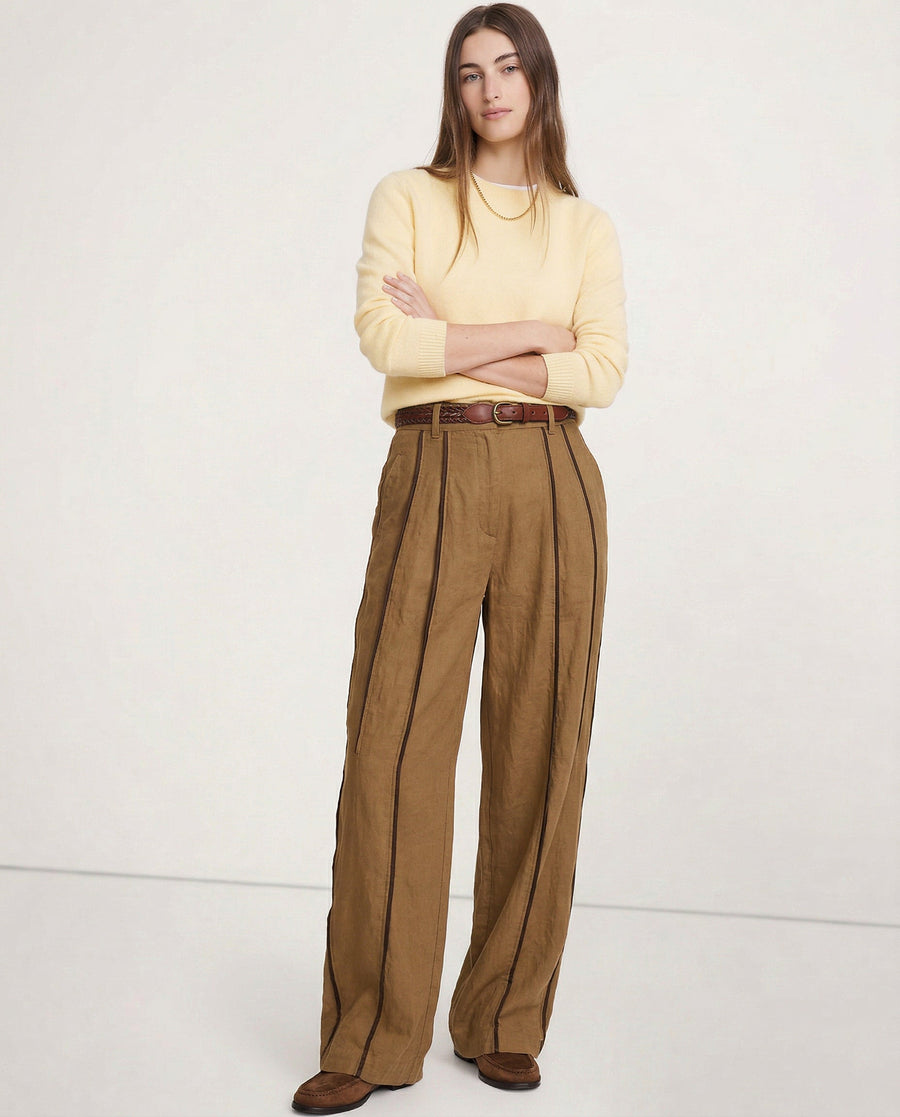 Linen wide-leg elastic-waist women's trousers with a relaxed fit, showcasing high-quality, breathable linen fabric.