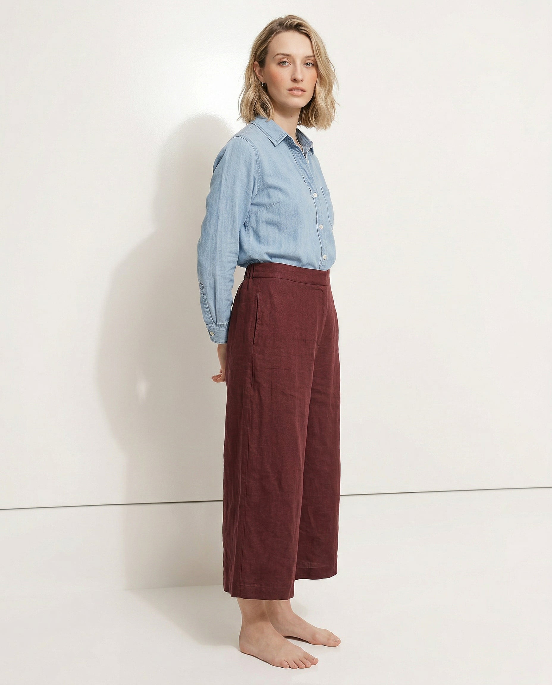 Linen cropped wide-leg drawstring trousers for women, showcasing soft, high-quality linen fabric and relaxed fit.