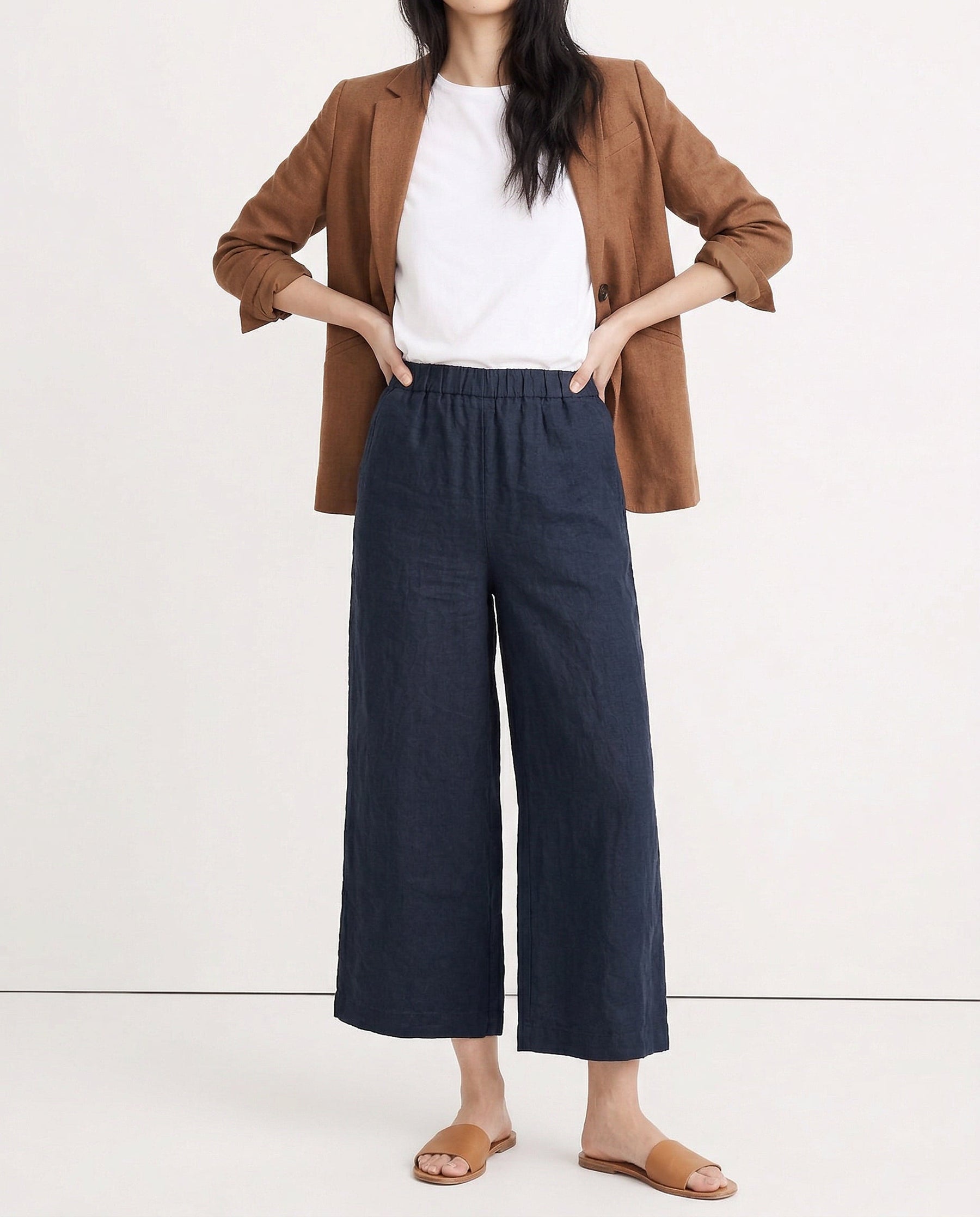Linen cropped wide-leg drawstring pants for women, showing high-quality fabric and relaxed, loose fit style.