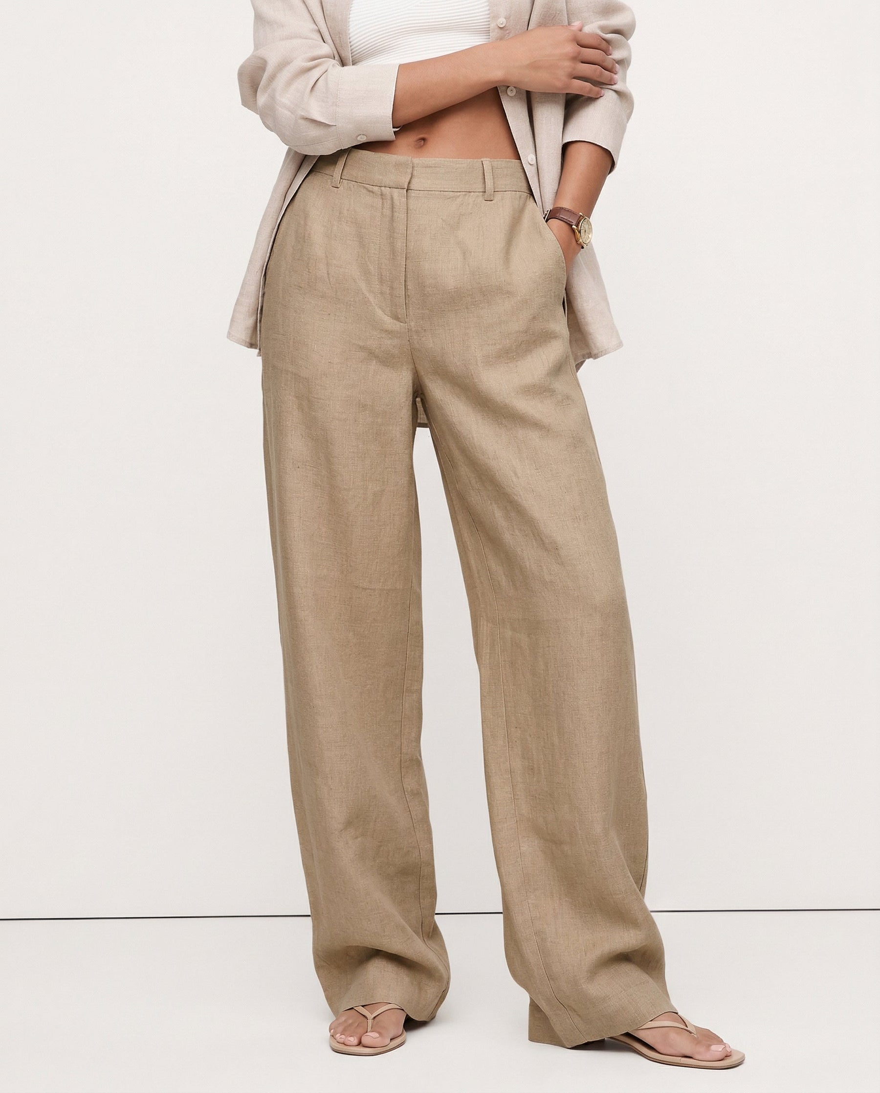 Women's high-waist linen blend wide-leg trousers with a loose pull-on design, showcasing the soft, high-quality fabric.