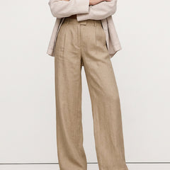 Women's high-waist wide-leg linen blend trousers with a loose pull-on fit, shown in a realistic, high-quality fabric.