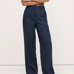 Women's high-waist linen blend wide-leg trousers, loose pull-on pants, showcasing soft, high-quality linen fabric and relaxed fit.