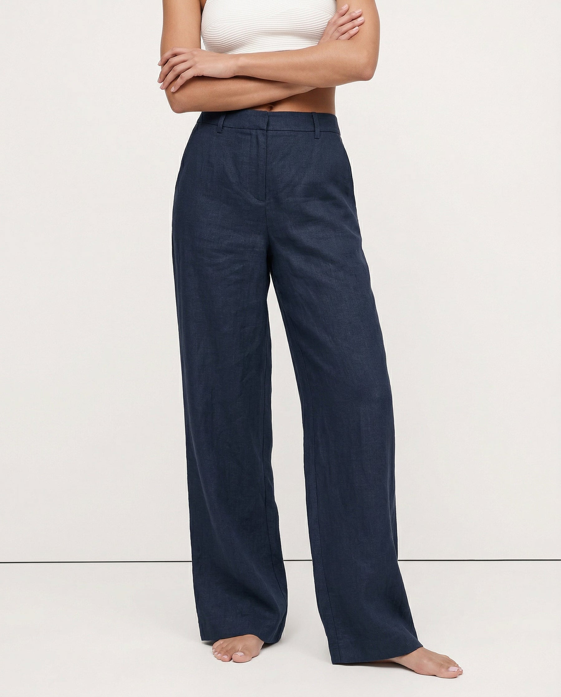 Women's high-waist linen blend wide-leg trousers, loose pull-on pants, showcasing soft, high-quality linen fabric and relaxed fit.