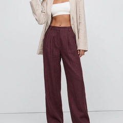 Women's high-waist wide-leg linen blend trousers, loose pull-on pants, showcasing quality and natural fabric texture.