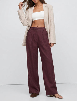 Women's high-waist wide-leg linen blend trousers, loose pull-on pants, showcasing quality and natural fabric texture.