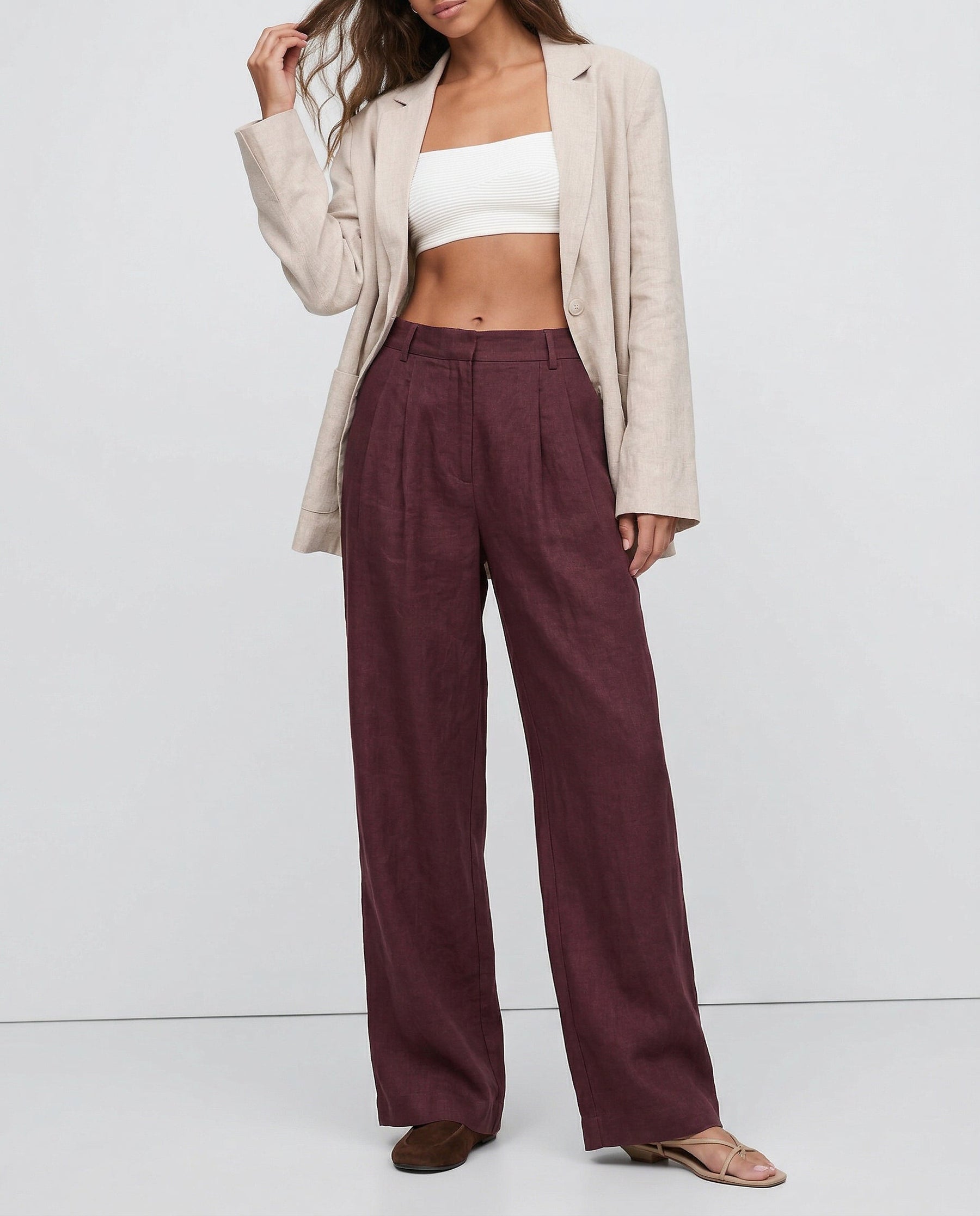 Women's high-waist wide-leg linen blend trousers, loose pull-on pants, showcasing quality and natural fabric texture.
