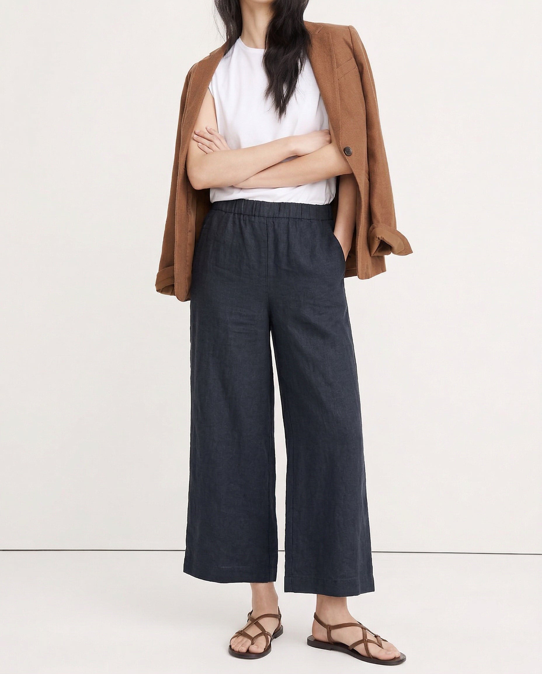 Linen cropped wide-leg drawstring trousers for women, showcasing the high-quality, breathable linen fabric and relaxed fit.