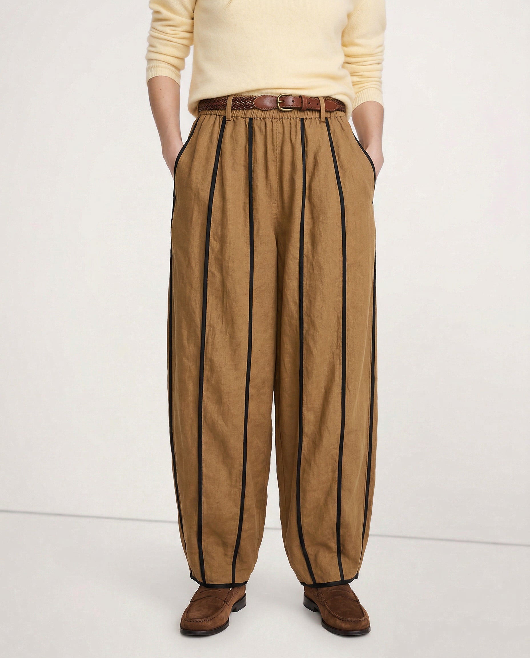 Striped wide-leg linen trousers for women, loose pull-on style, showcasing high-quality, realistic linen fabric and comfortable fit.