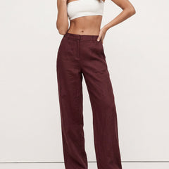 Women's high-waist wide-leg linen blend trousers with a loose pull-on style, showcasing soft, high-quality linen fabric.