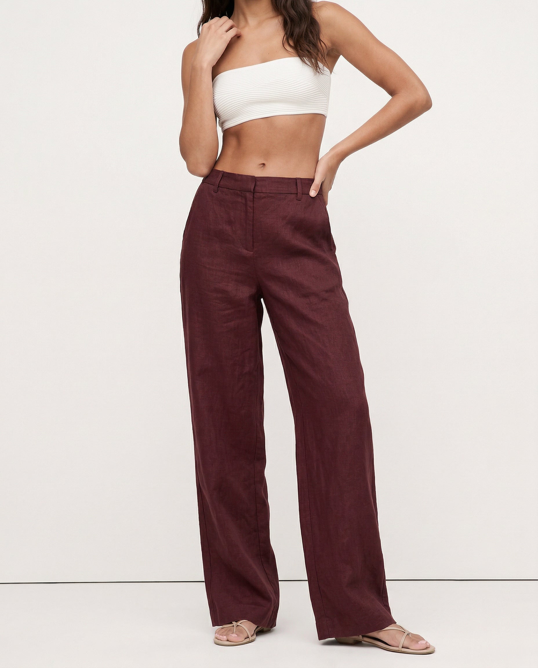 Women's high-waist wide-leg linen blend trousers with a loose pull-on style, showcasing soft, high-quality linen fabric.