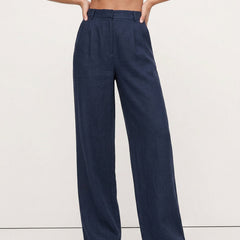 Women's high-waist linen blend wide-leg trousers, stylish pull-on pants with a relaxed fit and quality fabric, perfect for casual wear.