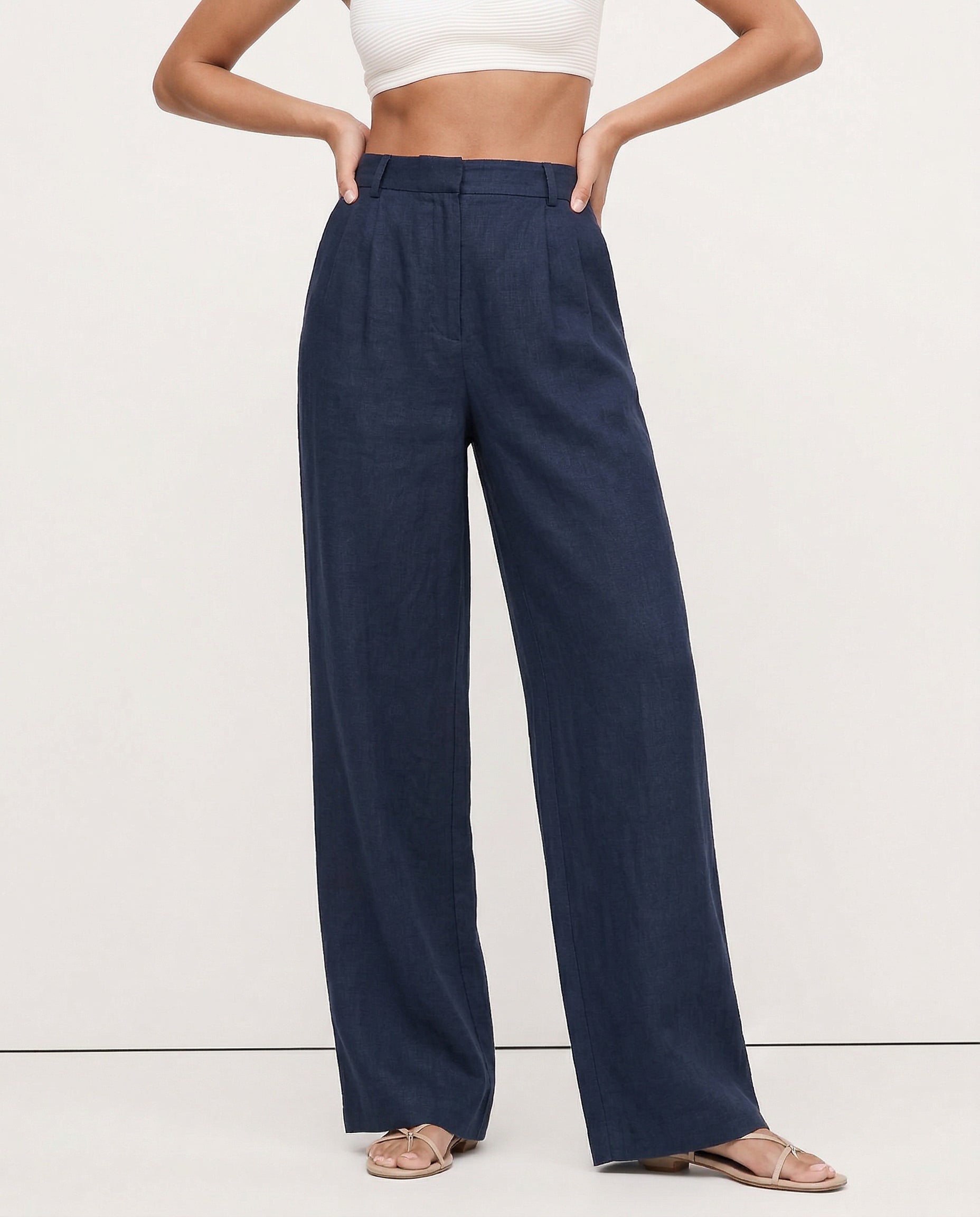 Women's high-waist linen blend wide-leg trousers, stylish pull-on pants with a relaxed fit and quality fabric, perfect for casual wear.