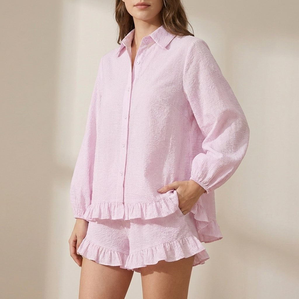 Front view of Tammy Bradley women's striped ruffle two-piece co-ord set, featuring a stylish crop top and matching high-waisted skirt.