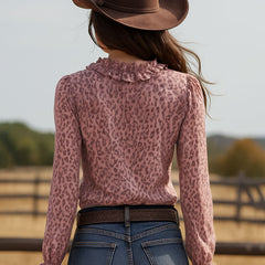 Pink leopard print chiffon blouse with ruffled lace V-neck, stylish and feminine top from My Store.