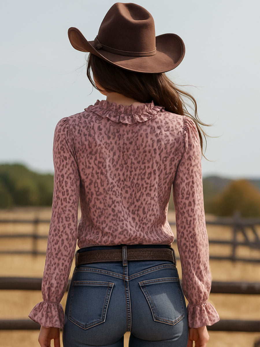 Pink leopard print chiffon blouse with ruffled lace V-neck, stylish and feminine top from My Store.