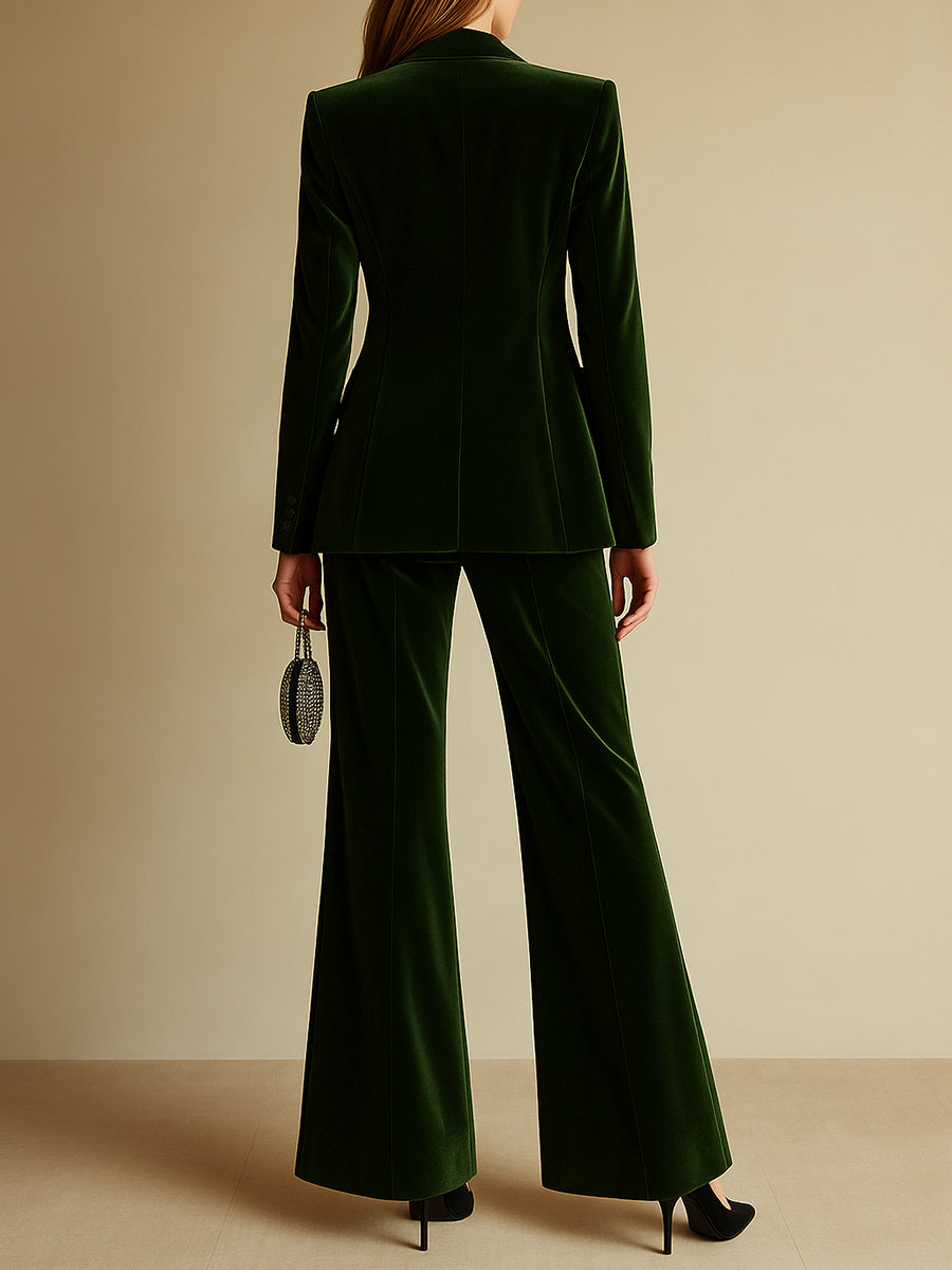 Emerald green loose velvet two-piece suit set for women, featuring stylish pants and top, perfect for elegant casual wear.
