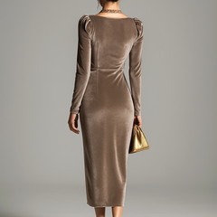 Velvet midi evening dress from My Store featuring a fitted silhouette, elegant neckline, and smooth fabric for formal occasions.