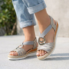 Gray Tammy Bradley peep-toe wedge sandals for women with open toe design and comfortable heel, stylish for summer wear.