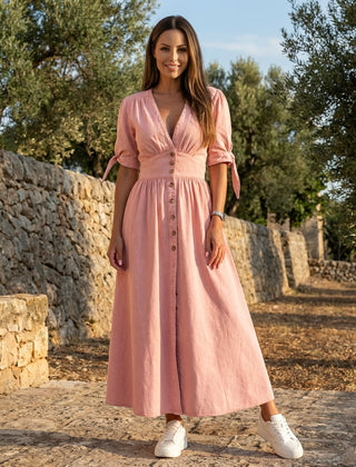 Button front midi dress with V-neck and waist tie, featuring a stylish design and flowing fabric, by My Store.