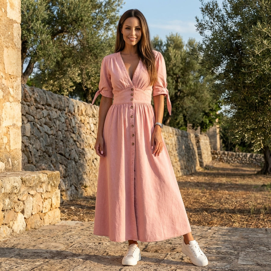 Button front midi dress with V-neck and waist tie, featuring a stylish design and flowing fabric, by My Store.