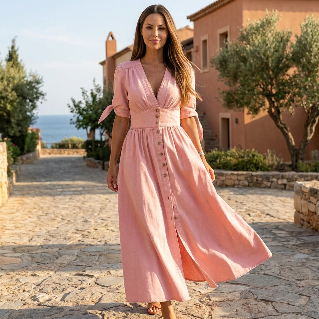 Button front midi dress with V-neck and waist tie from My Store, featuring a flowing fabric and stylish design.