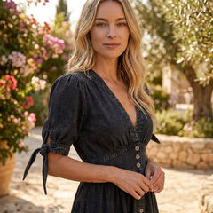 Button front midi dress with V-neck and waist tie from My Store, featuring a flowy fabric and stylish design.