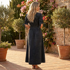 Button front midi dress with V-neck and waist tie by My Store, featuring a flowy fabric and stylish design.