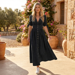 Button front midi dress with V-neck and waist tie, featuring a stylish design, from My Store.