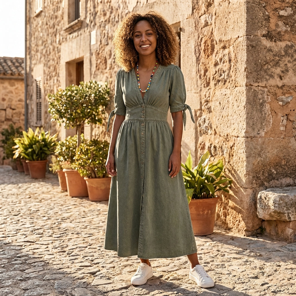 Button front midi dress with V-neck and waist tie, featuring a stylish design and flowing fabric, perfect for casual or semi-formal wear.
