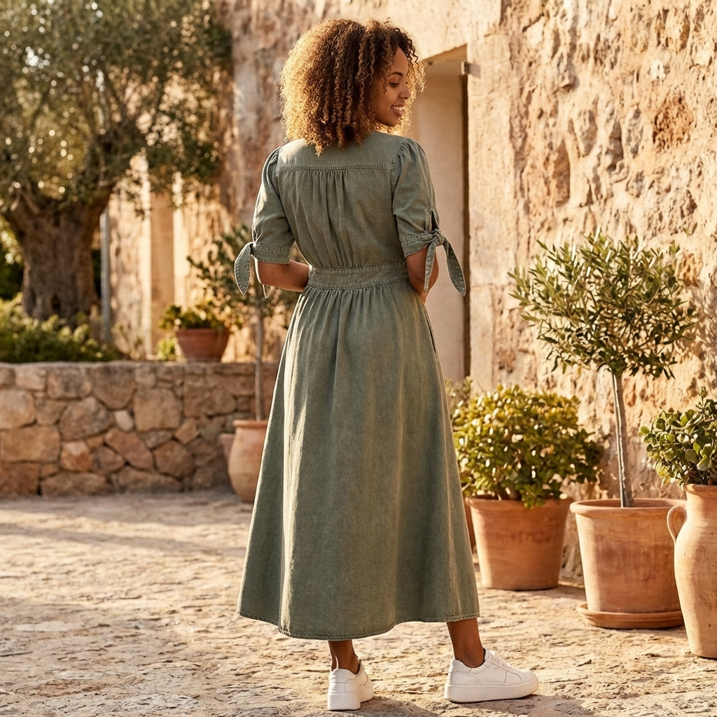 Button front midi dress with V-neck and waist tie, featuring a flowing fabric and stylish design, by My Store.