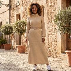Ribbed knit midi dress with long sleeves and high neckline, stylish and cozy, by My Store, shown on a model.