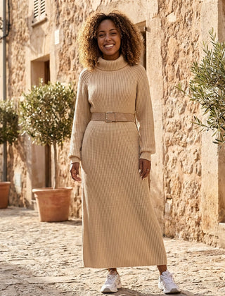 Ribbed knit midi dress with long sleeves and high neckline, stylish and cozy, by My Store, shown on a model.