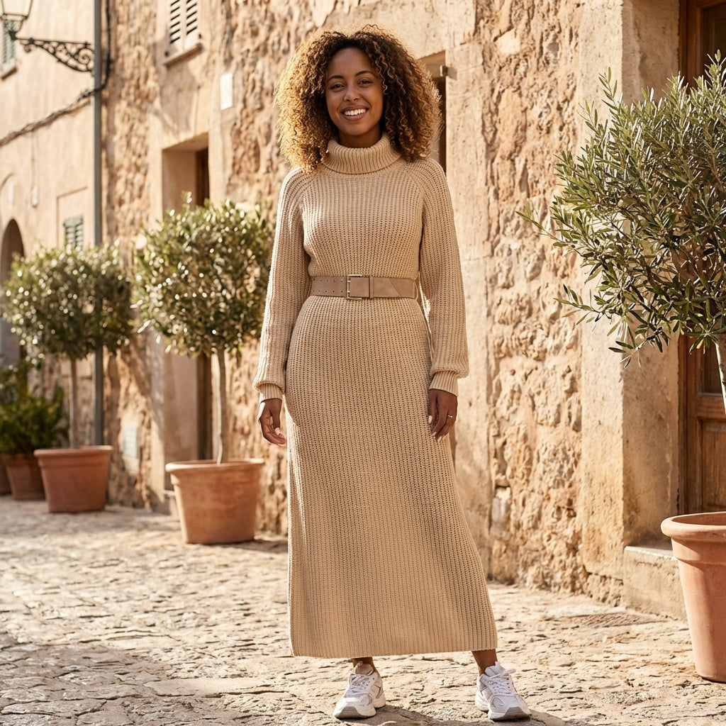 Ribbed knit midi dress with long sleeves and high neckline, stylish and cozy, by My Store, shown on a model.