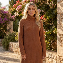 Ribbed knit midi dress with long sleeves and high neck from My Store, showcasing its fitted silhouette and textured fabric.