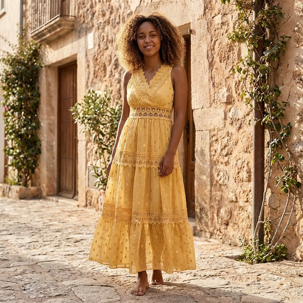 Tiered lace maxi dress with V-neck and flowing skirt, stylish and elegant for special occasions or summer wear.