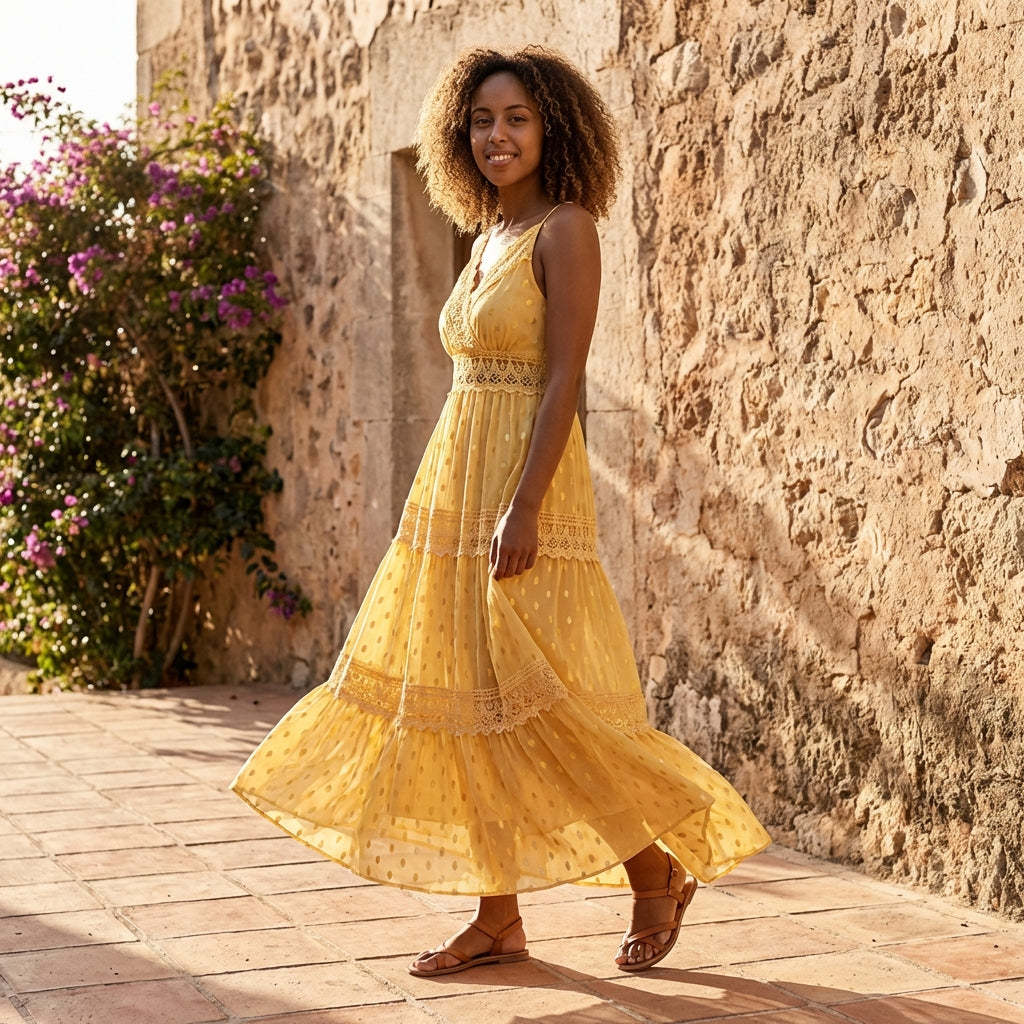 Tiered lace maxi dress with V-neck and flowing skirt, stylish and elegant women’s dress by My Store.