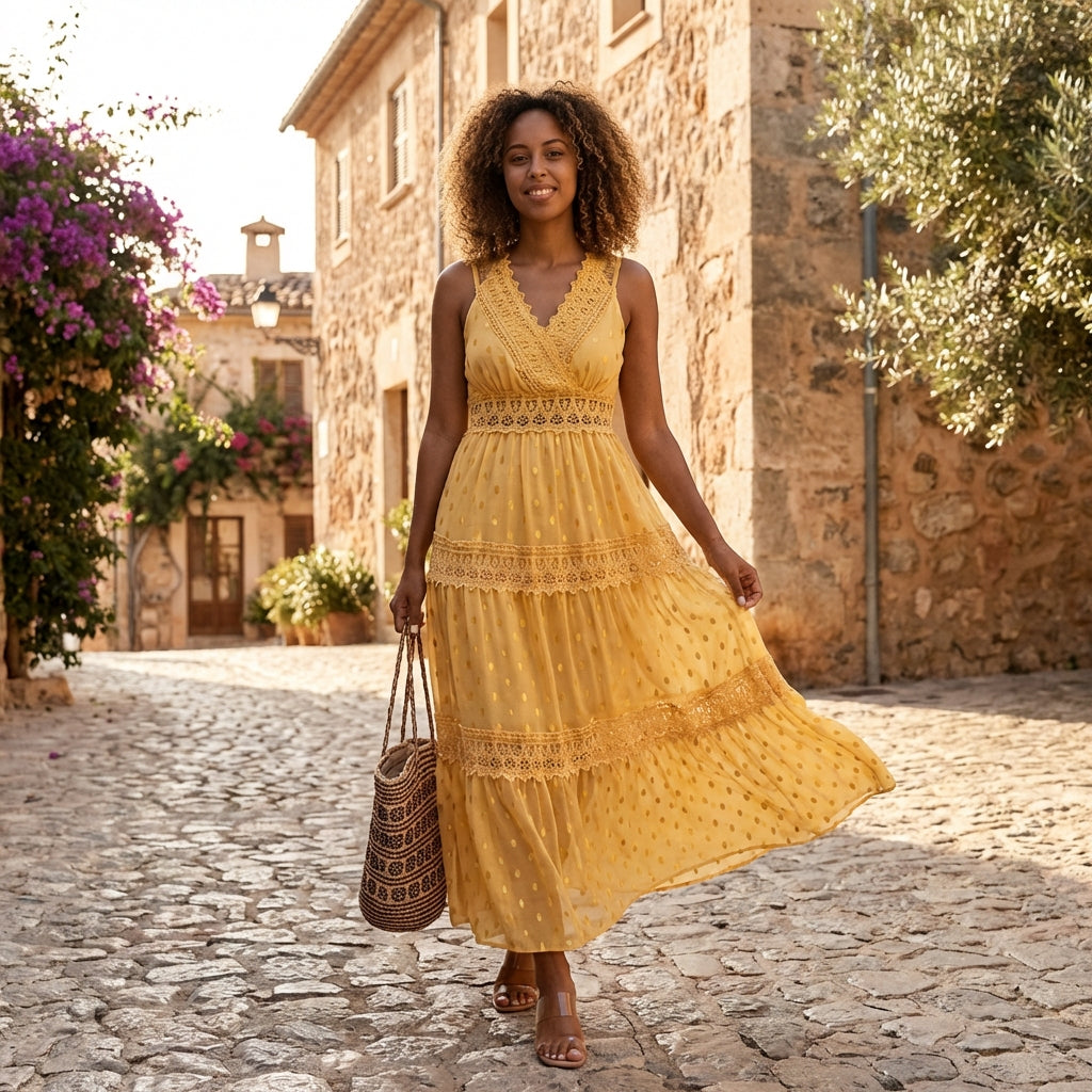 Tiered lace maxi dress with V-neck and flowing skirt, stylish and elegant, worn by a model showcasing its design and fabric details.