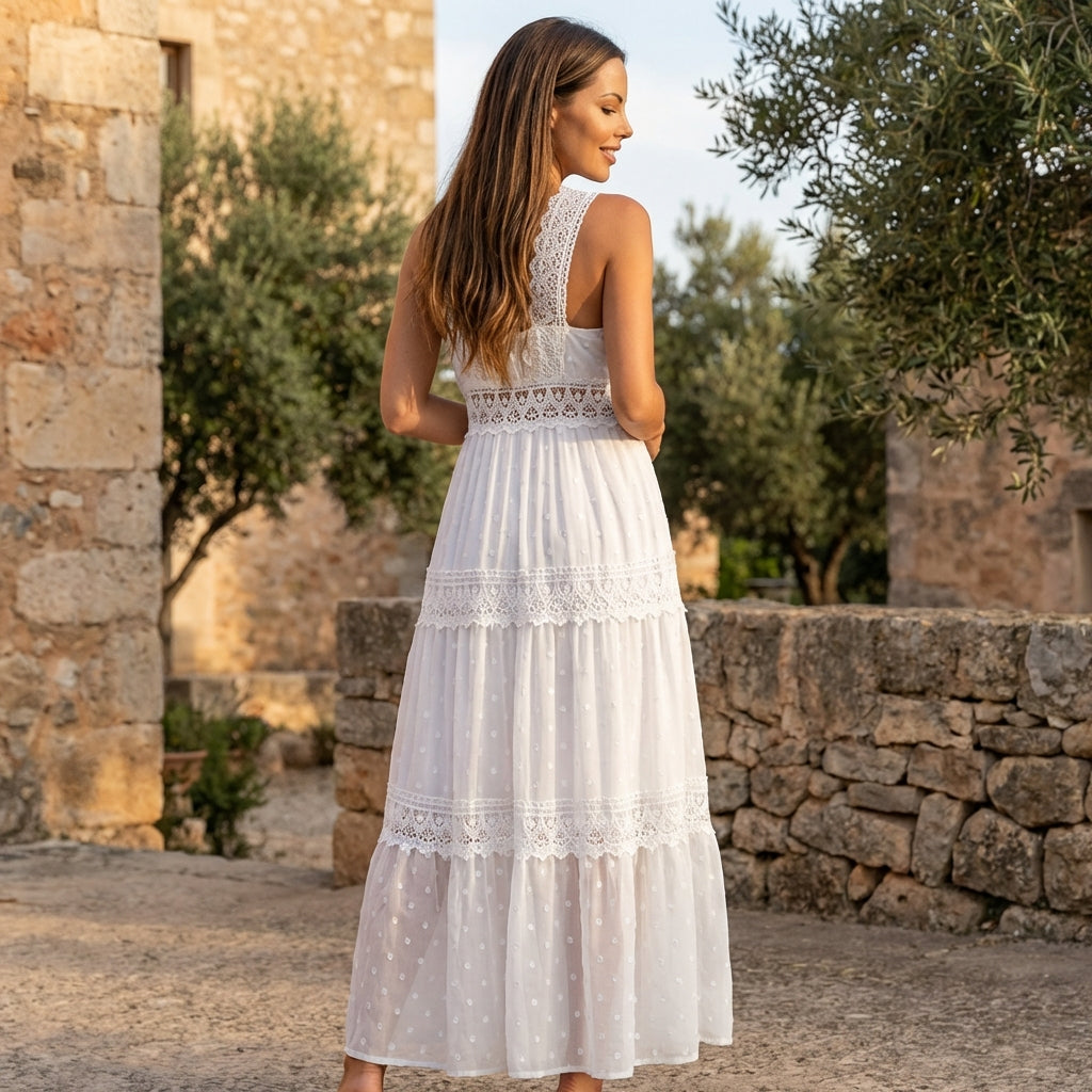 Tiered lace maxi dress with V-neck and flowing skirt, featuring intricate lace details and a relaxed fit.