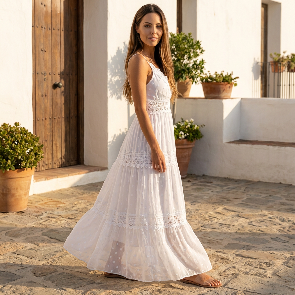Tiered lace maxi dress with V neck and flowy skirt, stylish and elegant, worn by a model.