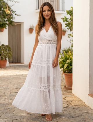 Tiered lace maxi dress with V-neck and flowing skirt, stylish and elegant long dress by My Store.