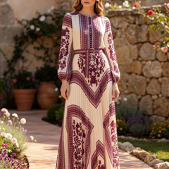 Boho printed long sleeve maxi dress with relaxed fit, featuring flowy fabric and bohemian pattern, perfect for casual wear.
