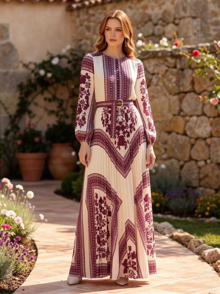Boho printed long sleeve maxi dress with relaxed fit, featuring flowy fabric and bohemian pattern, perfect for casual wear.