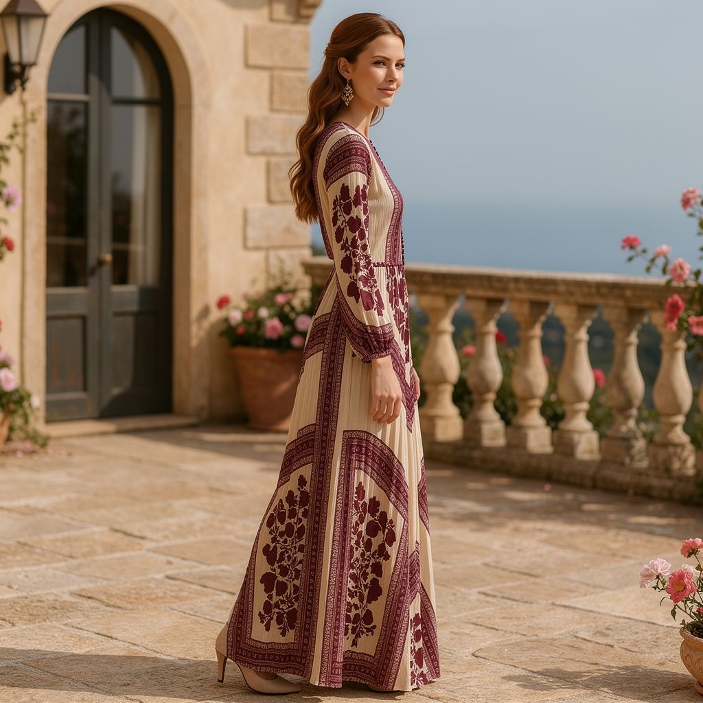 Boho printed long sleeve maxi dress with relaxed fit, featuring floral patterns and flowing fabric, by My Store.