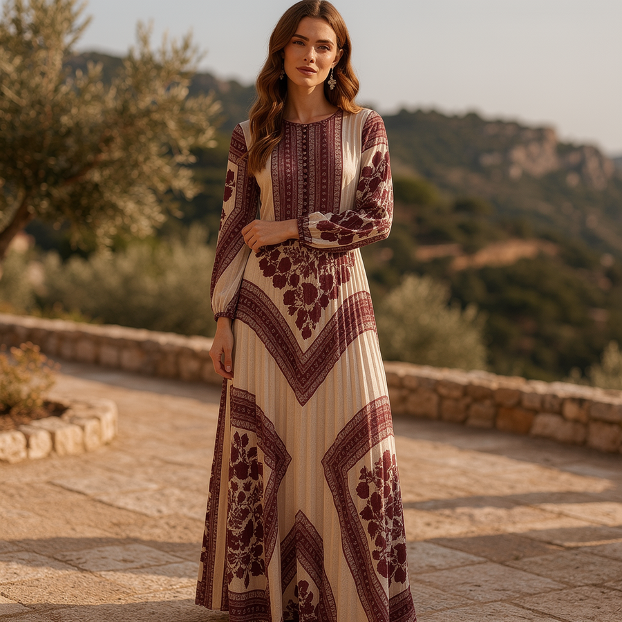 Boho printed long sleeve maxi dress with relaxed fit from My Store, featuring vibrant patterns and flowing fabric.