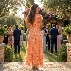 Floral chiffon midi dress with short sleeves and a flowy skirt, stylish and comfortable for casual or semi-formal occasions